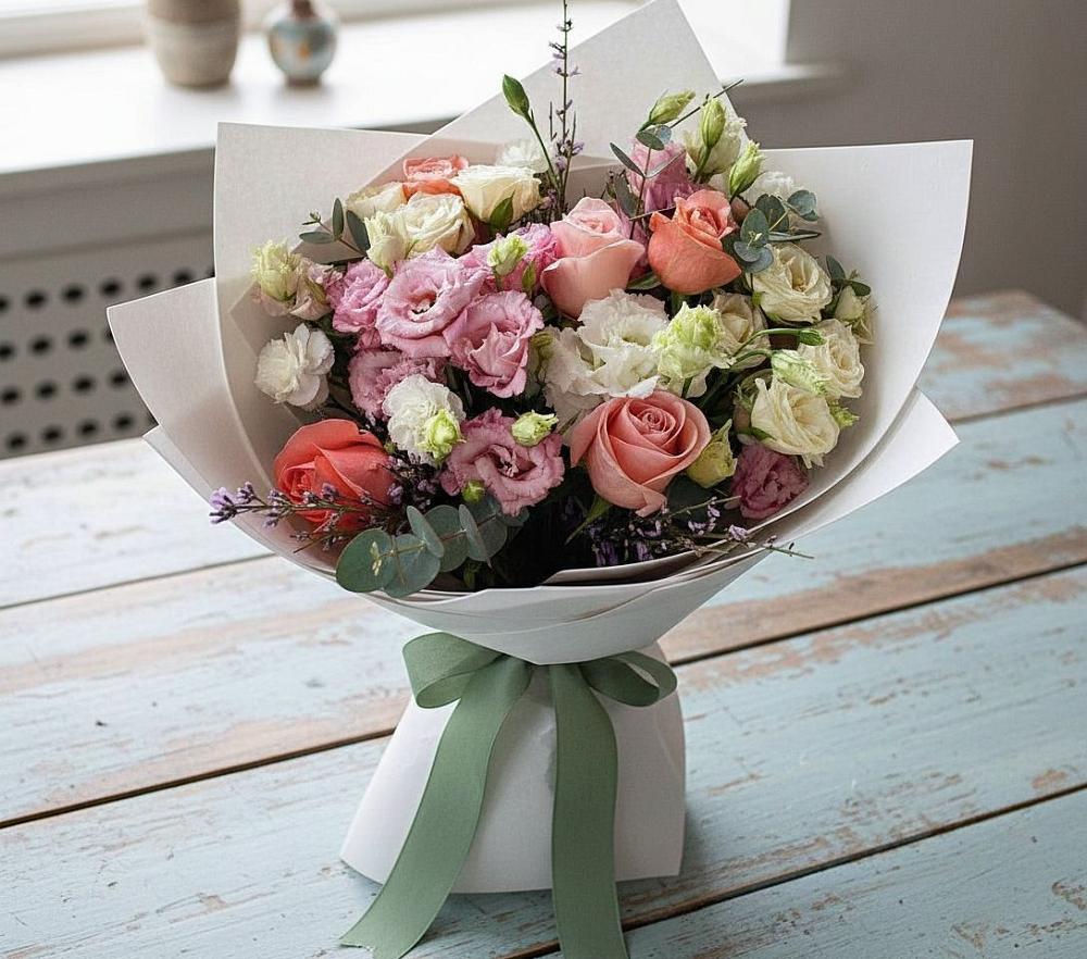 Букет цветов из: Розы, Лизиантусы и Гвоздики в Ивановское