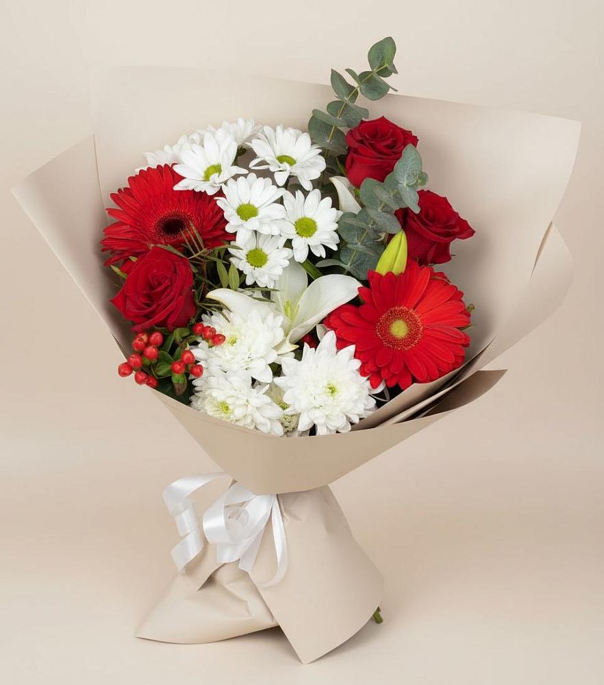 Букет цветов из: Розы, Хризантемы, Герберы и Лилии в Ивановское